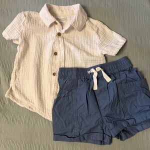 Carter's Cream Gauze Button-Up Shirt and Blue Drawstring Shorts Set